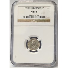 AUSTRALIA 1934/3 . THREEPENCE . VARIETY . OVERDATE . NGC AU58